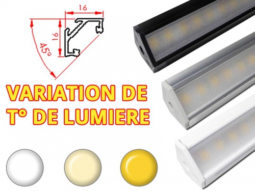 Réglette LED Inclinée 45° - 16x16mm - Aluminium + Alimentation 12V